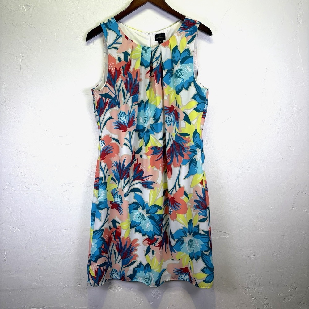 Worthington Woman's Sleeveless Sheath Dress Size 14 Blue Floral Beachy Vacation
